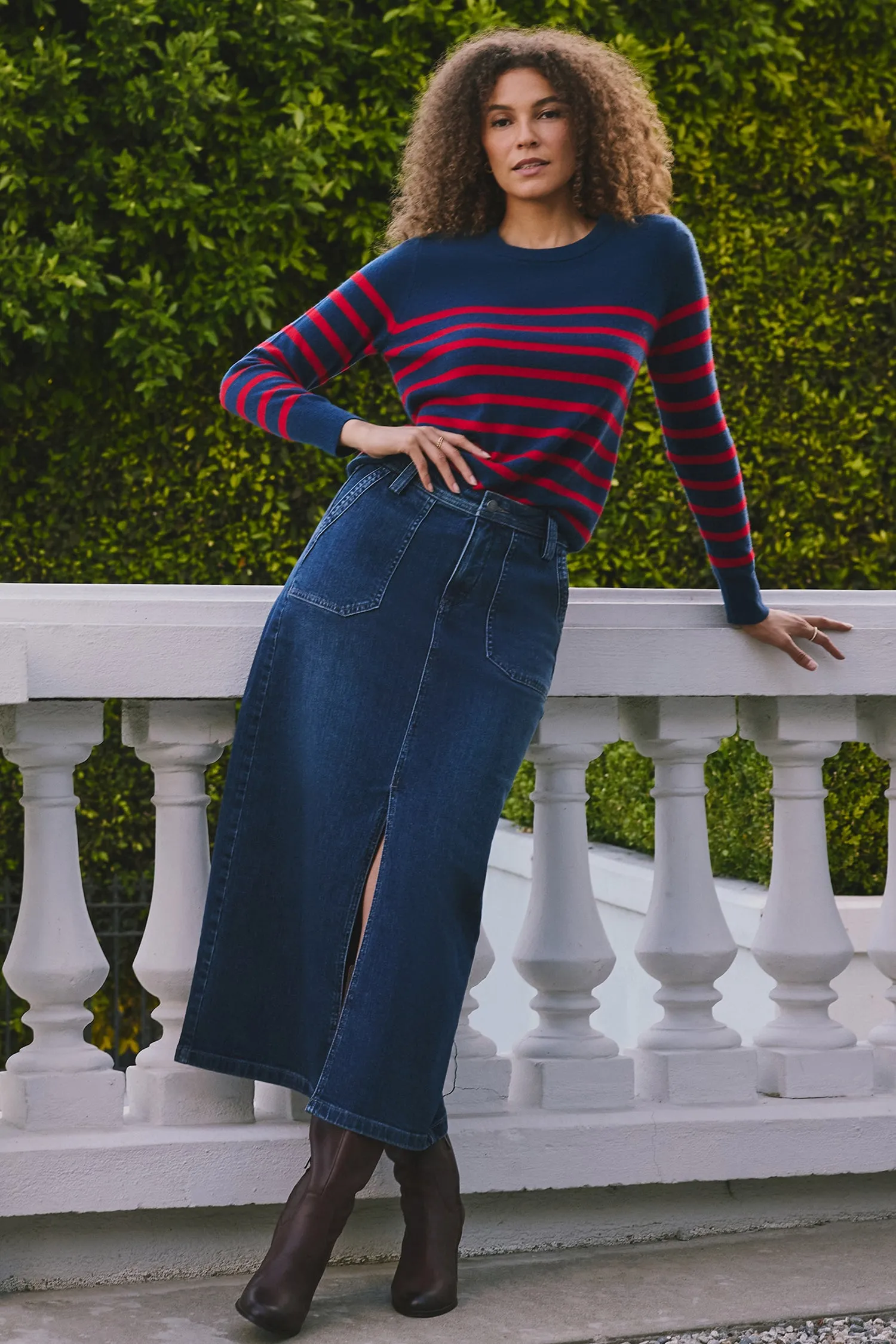 Striped Cashmere Crewneck Sweater - Navy Red Stripe sold by NYDJ product image thumbnail 2