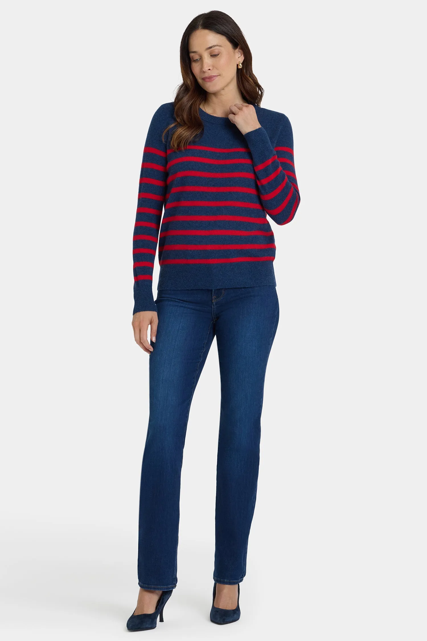 Striped Cashmere Crewneck Sweater - Navy Red Stripe sold by NYDJ product image thumbnail 4