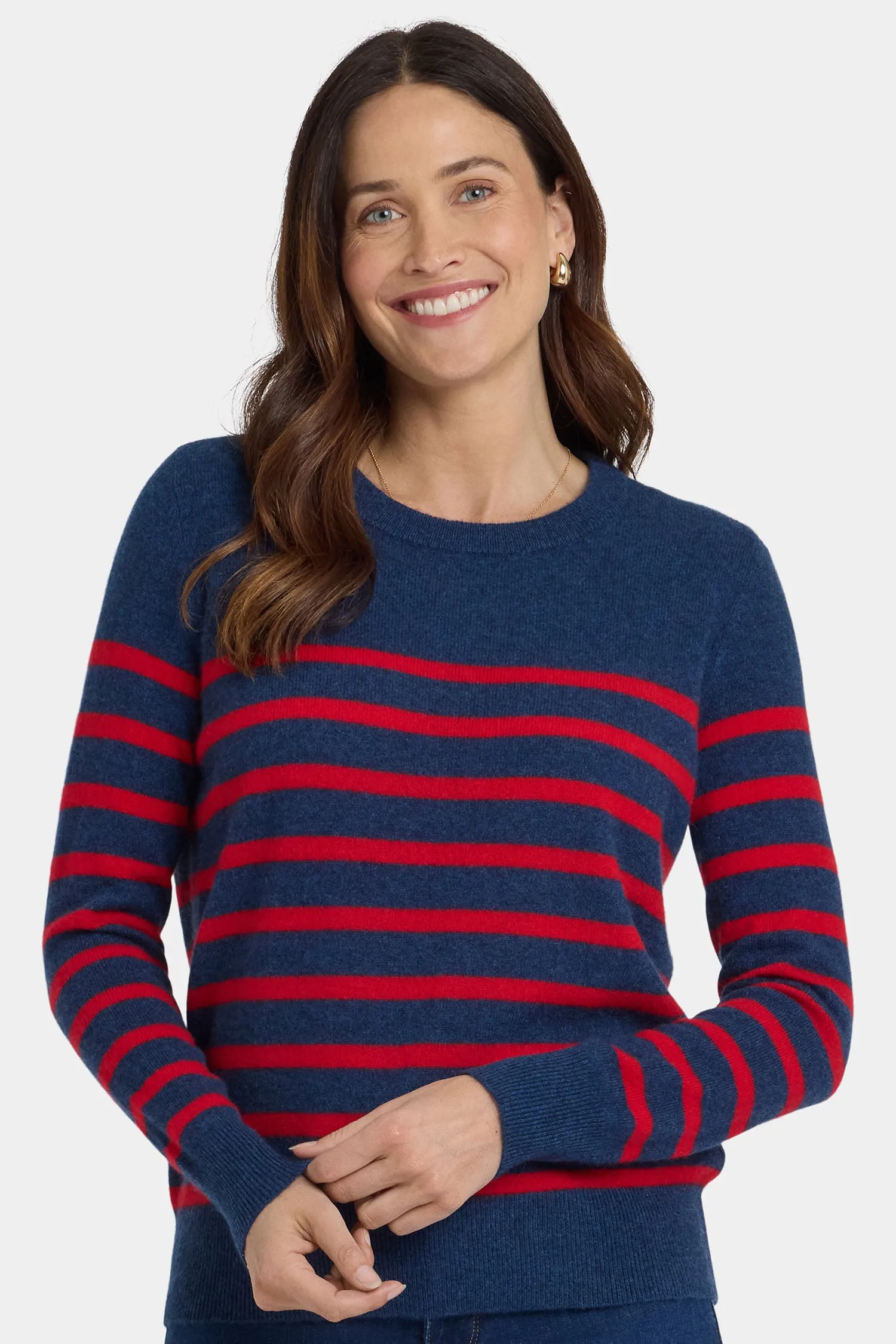 Striped Cashmere Crewneck Sweater - Navy Red Stripe sold by NYDJ