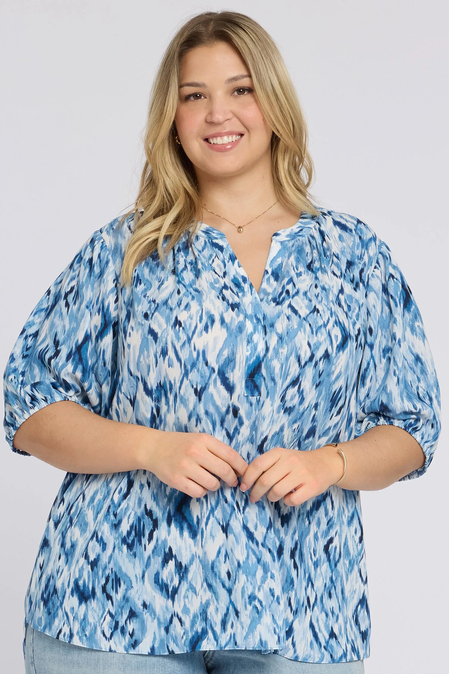 Short Puff Sleeved Popover Top In Plus Size - Blue Visions sold by NYDJ