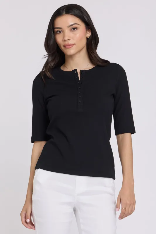 Ribbed Elbow Sleeved Henley - Black sold by NYDJ