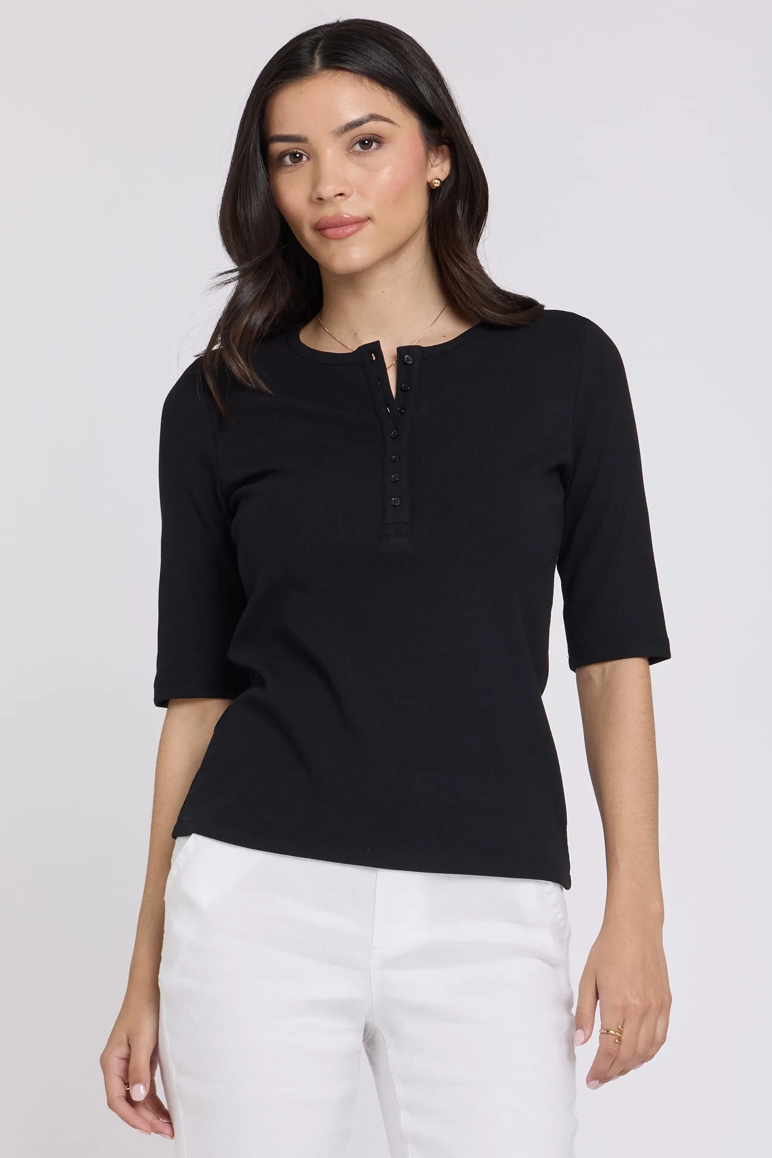 Ribbed Elbow Sleeved Henley - Black sold by NYDJ