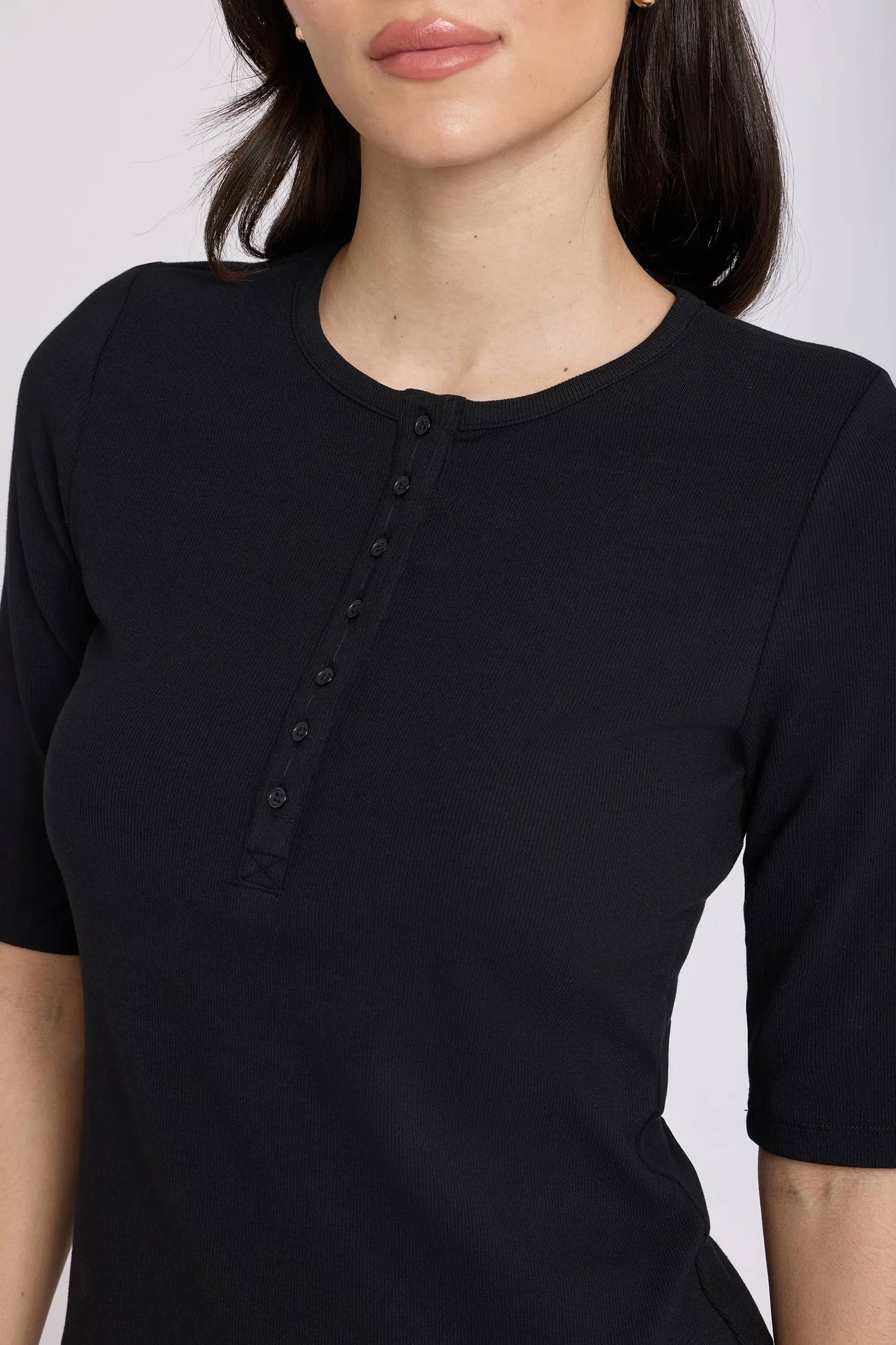Ribbed Elbow Sleeved Henley - Black sold by NYDJ product image thumbnail 5