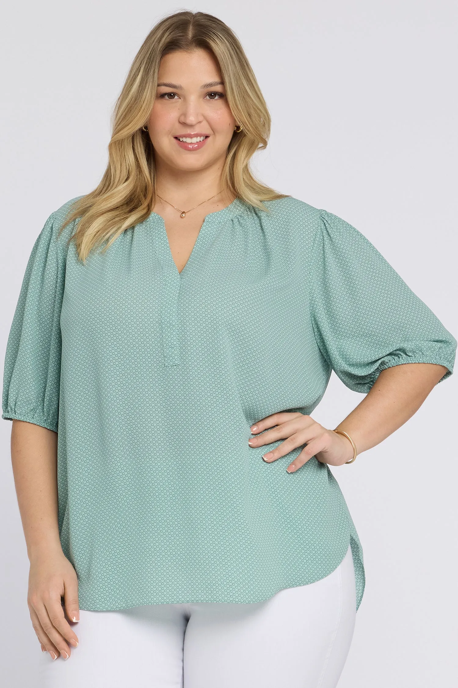 Short Puff Sleeved Popover Top In Plus Size - Valley of Daisies sold by NYDJ
