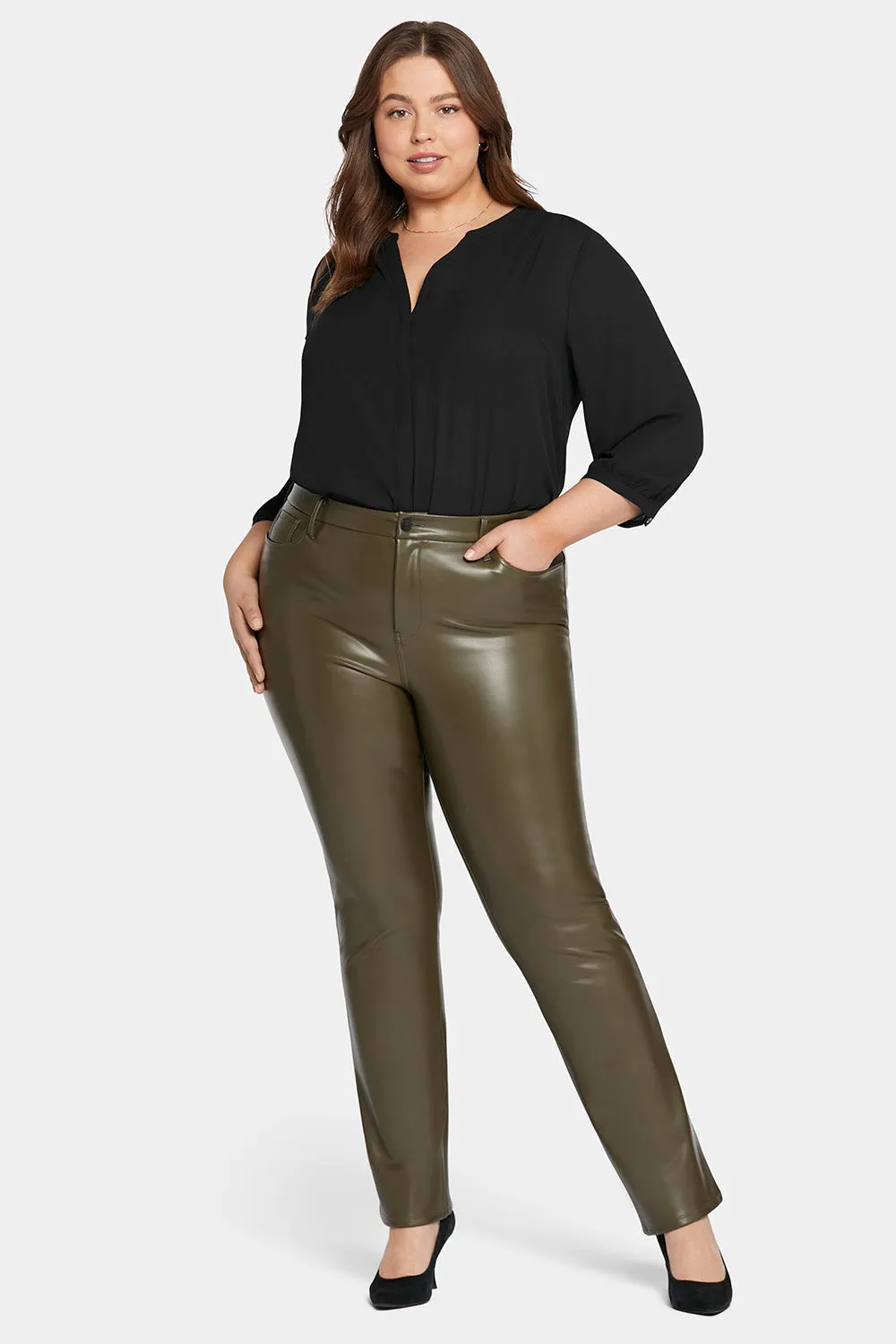 Faux Leather Marilyn Straight Pants In Plus Size - Ripe Olive sold by NYDJ product image thumbnail 4