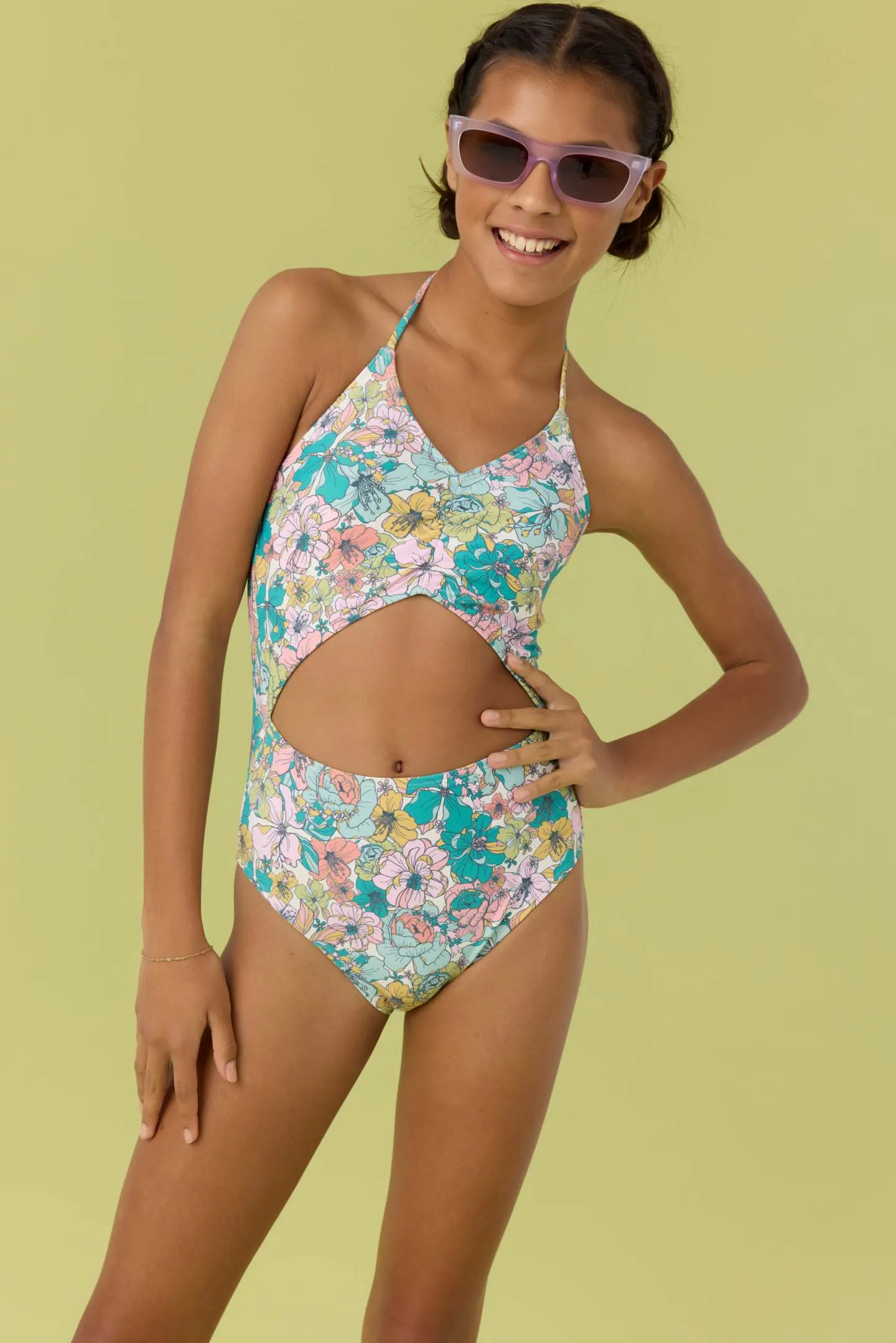 GIRL'S JANIS FLORAL CINCHED ONE-PIECE sold by O'Neill