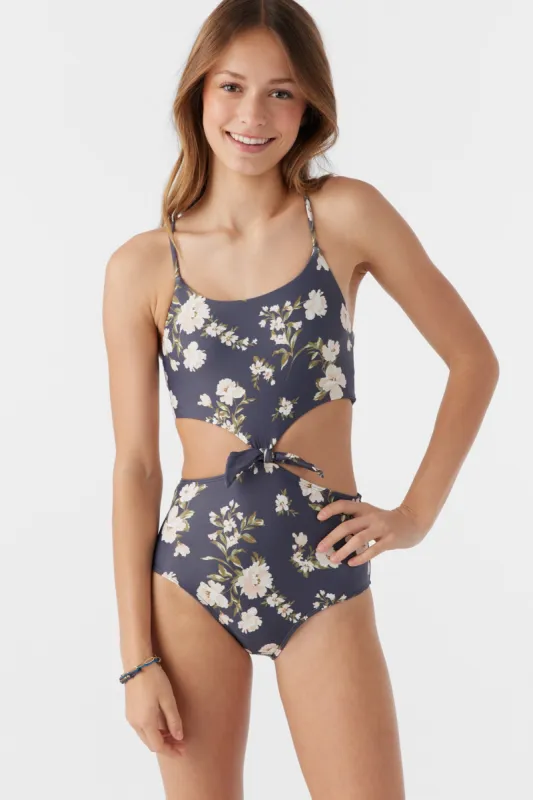 【THE MOZZ】Fine Collar Knot One Piece Women's Plunge Neck Ruffle Trim Backless One Piece Swimsuit