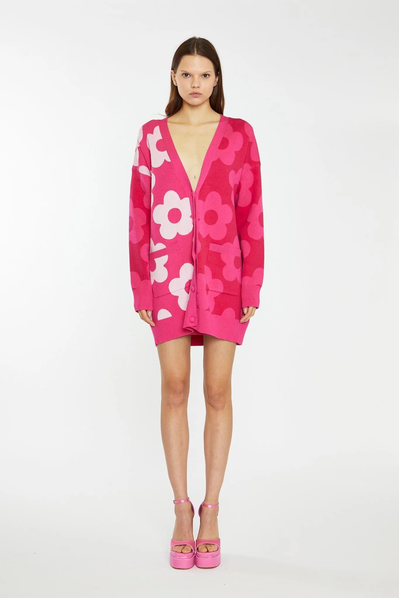 GLAMOROUS LARGE FLOWER LONG LINE CARDIGAN - PINK sold by OAK