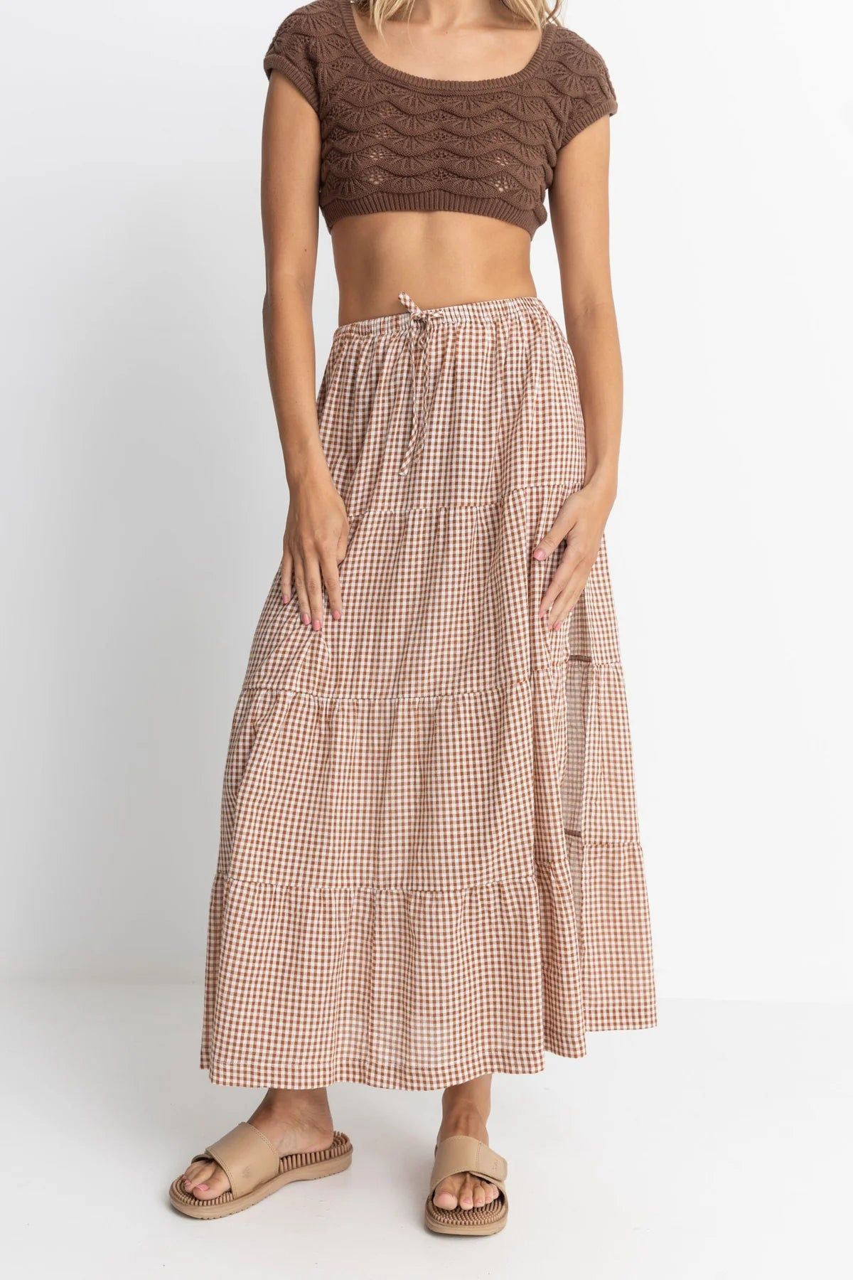 OAK RHYTHM LOLA CHECK TIERED MAXI SKIRT - CLAY | Parallel