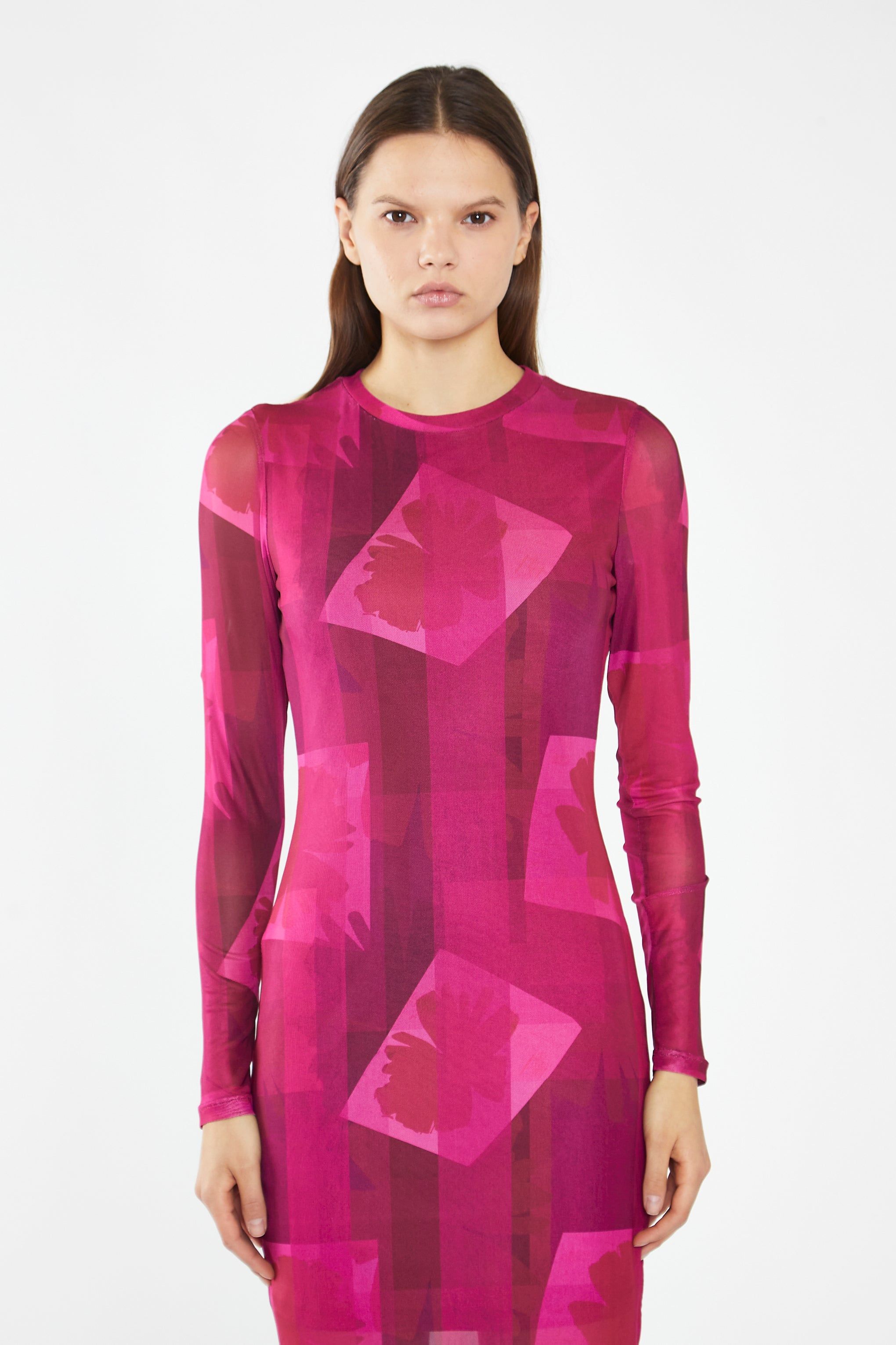 GLAMOROUS PINK BLOCK MESH CREW-NECK BODYCON MAXI DRESS sold by OAK product image thumbnail 2