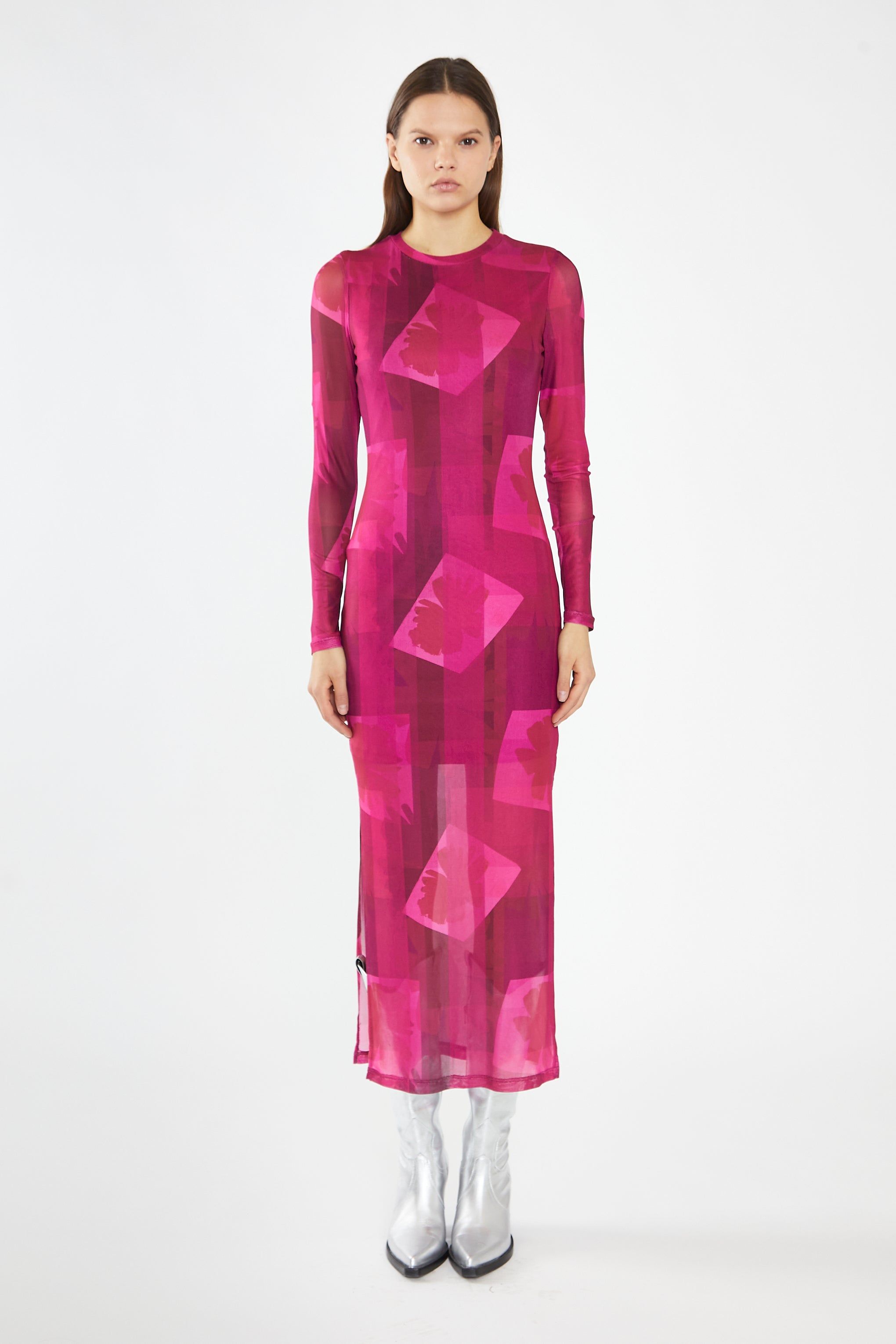 GLAMOROUS PINK BLOCK MESH CREW-NECK BODYCON MAXI DRESS sold by OAK