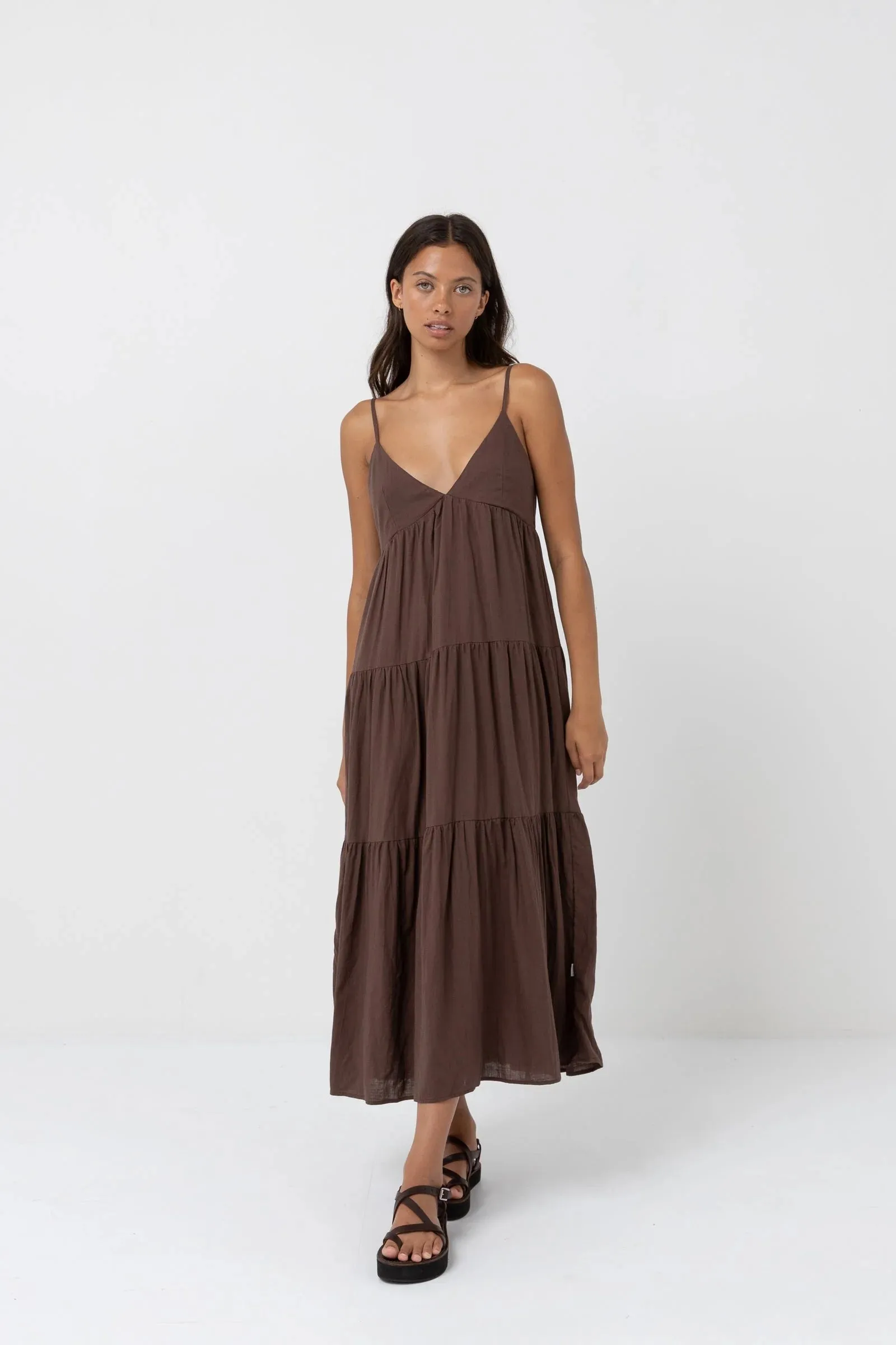 RHYTHM CLASSIC TIERED MIDI DRESS - CHOCOLATE sold by OAK