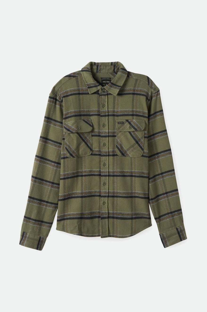 BRIXTON BOWERY STRETCH WATER RESISTANT FLANNEL - OLIVE SURPLUS/BLACK/WHITE sold by OAK