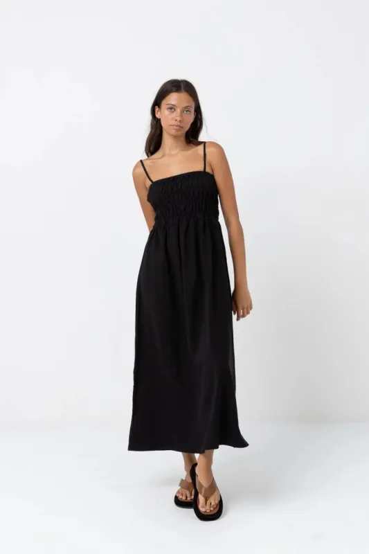 RHYTHM CLASSIC SHIRRED MIDI DRESS - BLACK sold by OAK