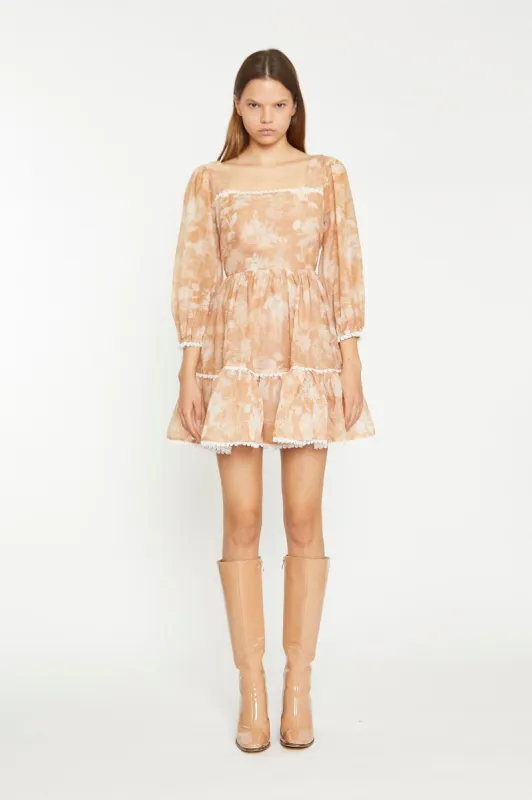 GLAMOROUS TAN WHITE FLORAL TIERED MINI-DRESS sold by OAK