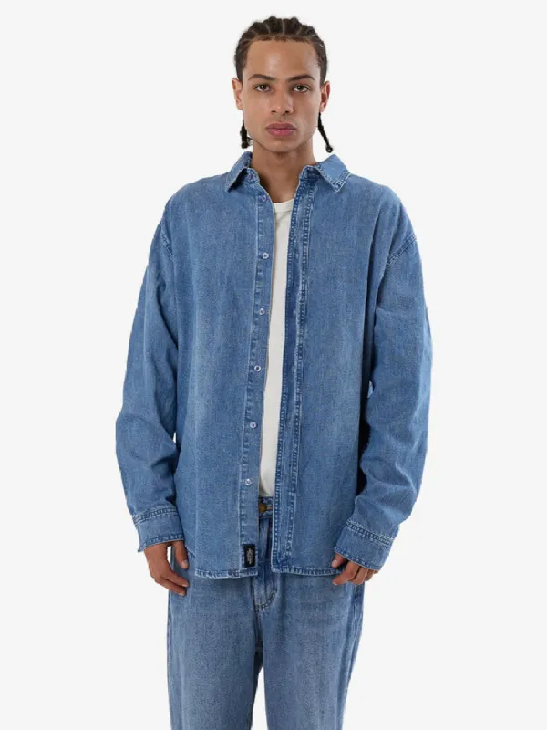 THRILLS CANYON OVERSIZE LONG SLEEVE DENIM SHIRT - DARK DUST BLUE sold by OAK
