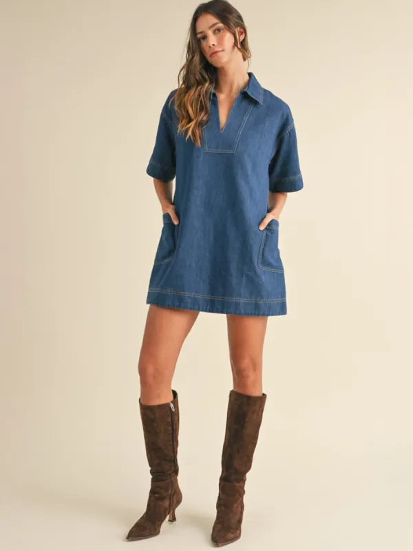 DENIM COLLAR SIDE POCKETS MINI DRESS sold by OAK
