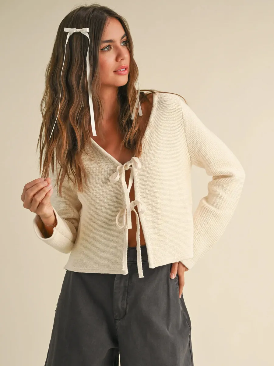 LONG SLEEVE KNITTED TIE CARDIGAN - CREAM sold by OAK