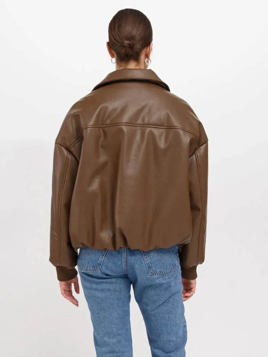BRUNETTE THE LABEL MIRIAM VEGAN LEATHER BOMBER JACKET - CHOCOLATE BROWN sold by OAK product image thumbnail 2
