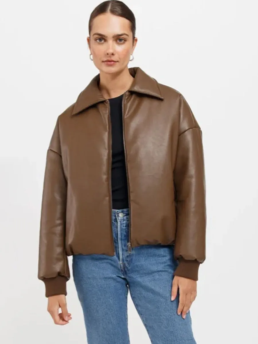 BRUNETTE THE LABEL MIRIAM VEGAN LEATHER BOMBER JACKET - CHOCOLATE BROWN sold by OAK