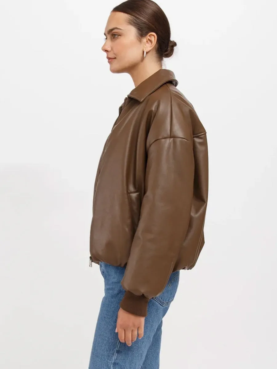 BRUNETTE THE LABEL MIRIAM VEGAN LEATHER BOMBER JACKET - CHOCOLATE BROWN sold by OAK product image thumbnail 3