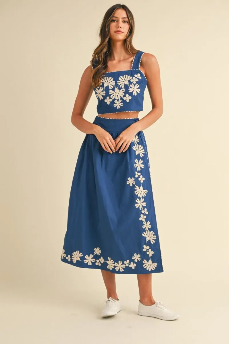 EMBROIDERED MIDI SKIRT - NAVY sold by OAK