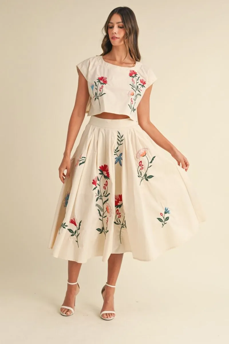 EMBROIDERED FLORAL MIDI SKIRT - CREAM sold by OAK