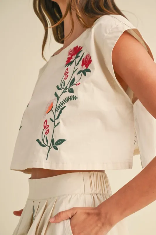 EMBROIDERED FLORAL CROP TOP - CREAM sold by OAK