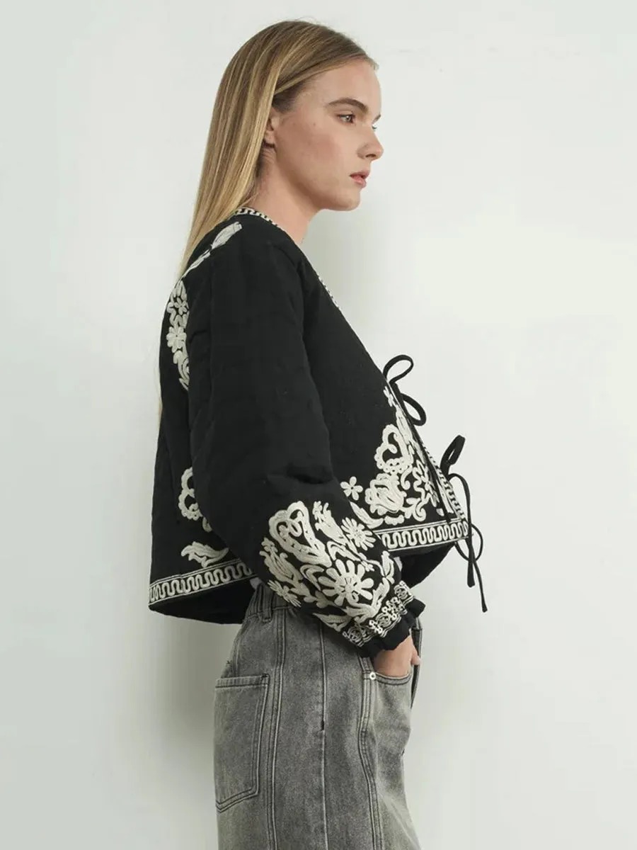 EMBROIDERED PUFF SLEEVE JACKET WITH TIE - BLACK sold by OAK product image thumbnail 5