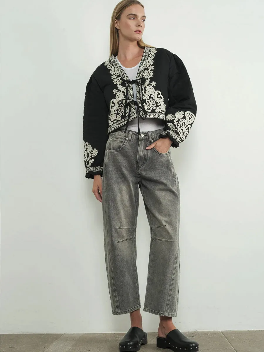 EMBROIDERED PUFF SLEEVE JACKET WITH TIE - BLACK sold by OAK product image thumbnail 3