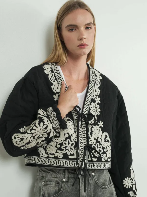 EMBROIDERED PUFF SLEEVE JACKET WITH TIE - BLACK sold by OAK