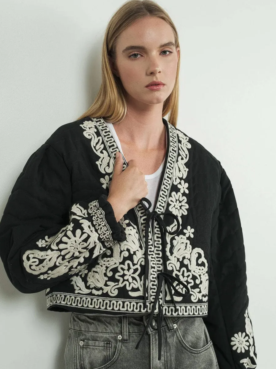 EMBROIDERED PUFF SLEEVE JACKET WITH TIE - BLACK sold by OAK