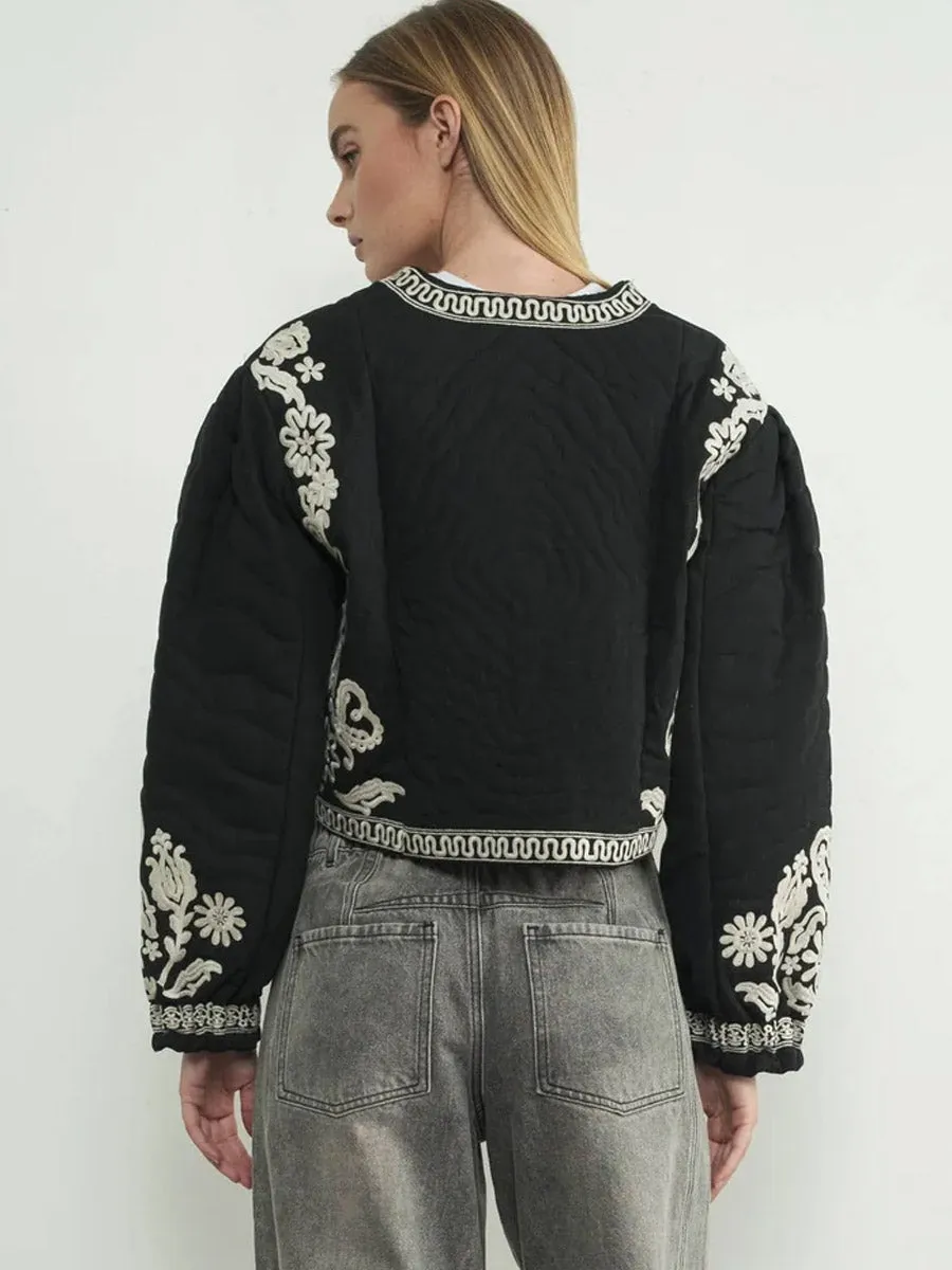EMBROIDERED PUFF SLEEVE JACKET WITH TIE - BLACK sold by OAK product image thumbnail 2