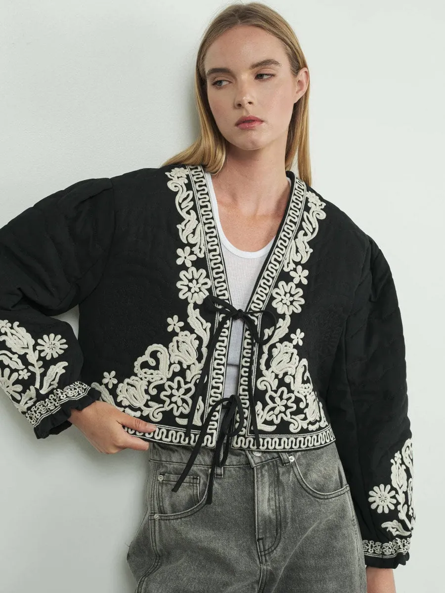 EMBROIDERED PUFF SLEEVE JACKET WITH TIE - BLACK sold by OAK product image thumbnail 4