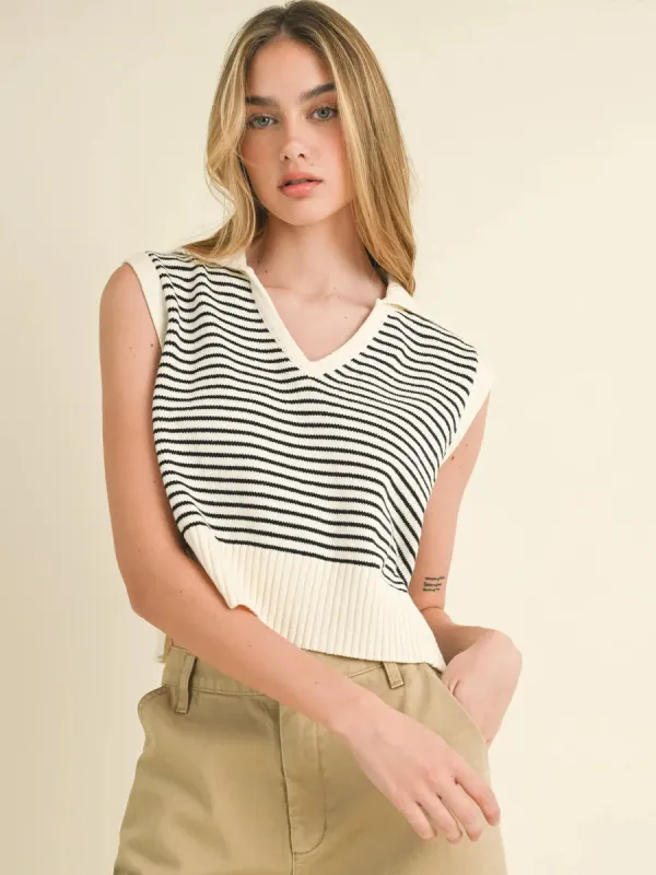 V-NECK STRIPE COLLAR KNITTED TOP - BLACK/IVORY sold by OAK