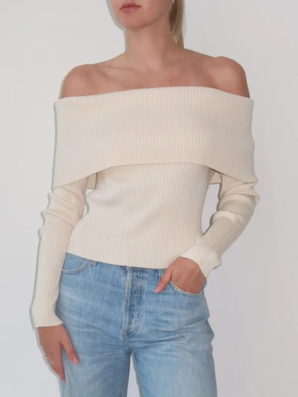 ELLE RIB KNIT OFF THE SHOULDER SWEATER - CREAM sold by OAK