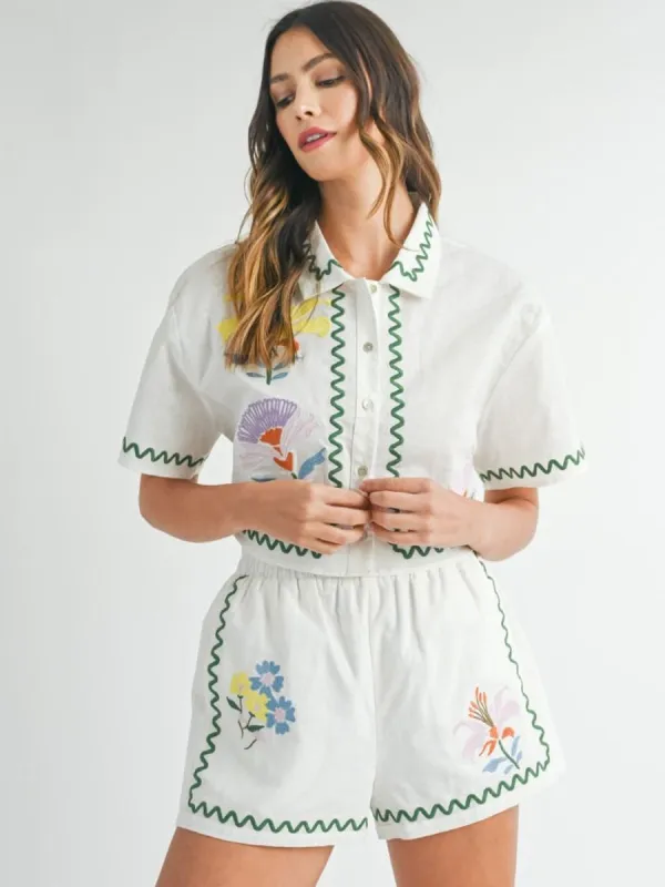 EMBROIDERED CROP BUTTON FRONT TOP - FLORAL sold by OAK