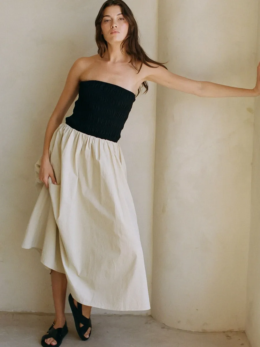 STRAPLESS RUCHED MIDI DRESS - BLACK/NATURAL sold by OAK