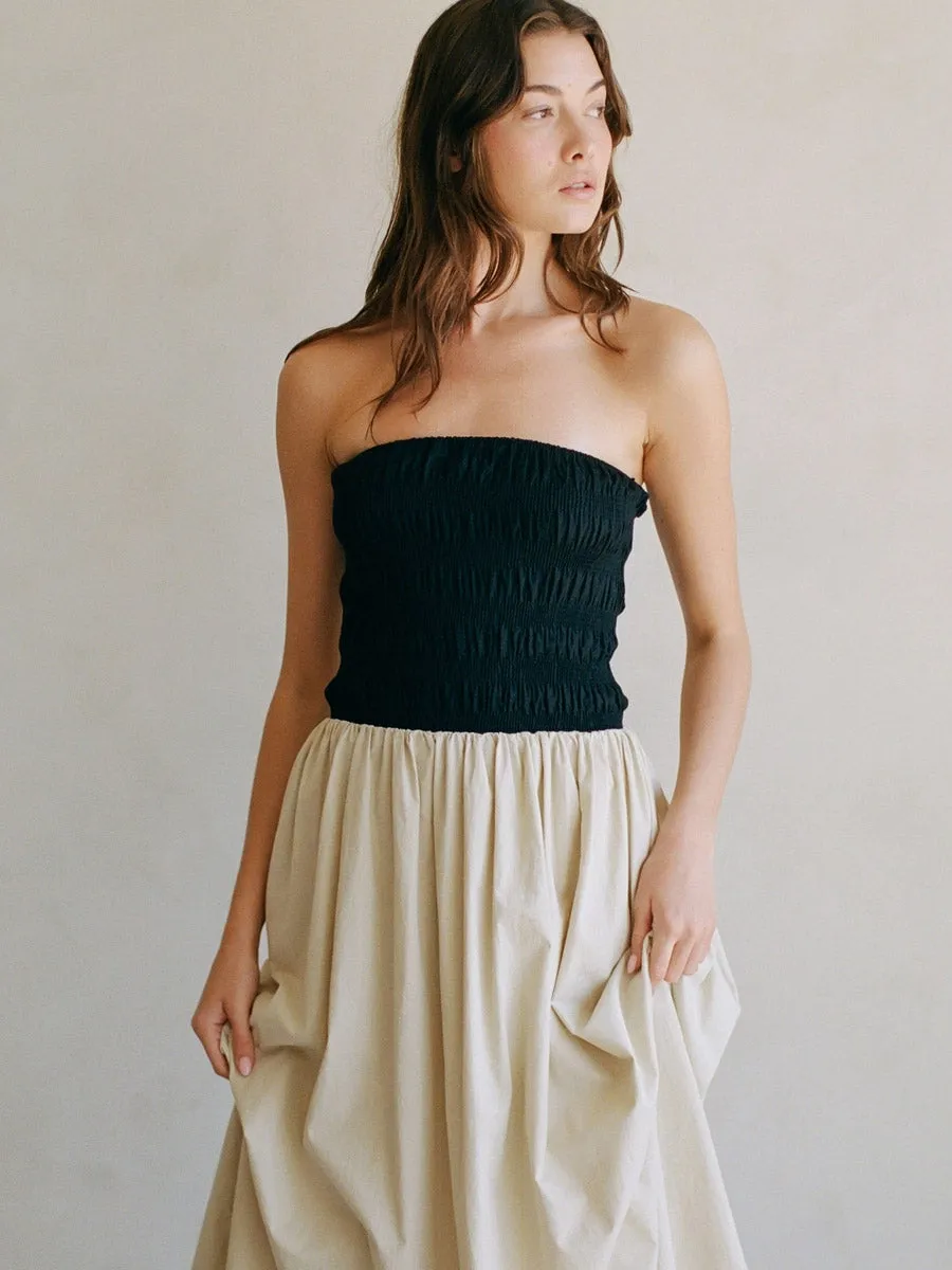 STRAPLESS RUCHED MIDI DRESS - BLACK/NATURAL sold by OAK product image thumbnail 3