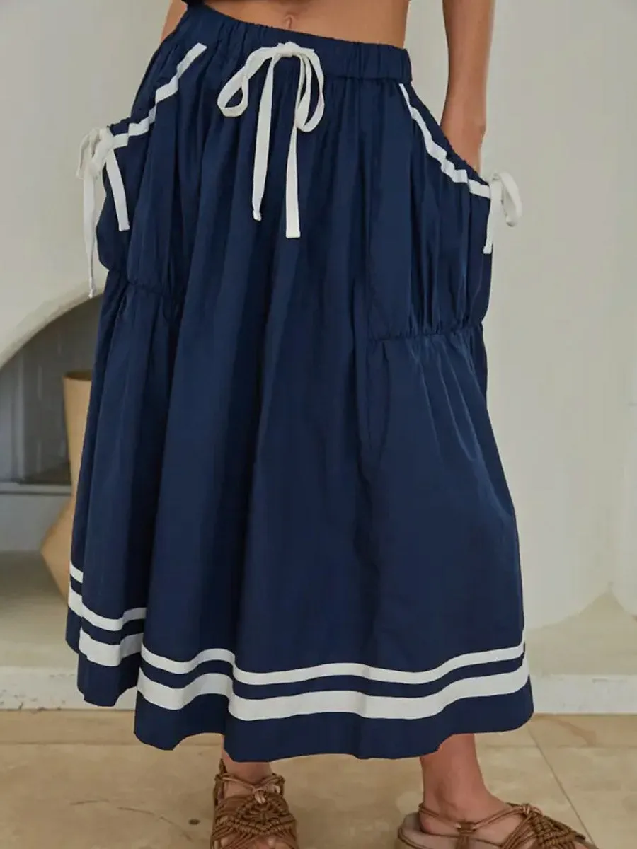 WOVEN COTTON FLARE MIDI SKIRT - NAVY sold by OAK