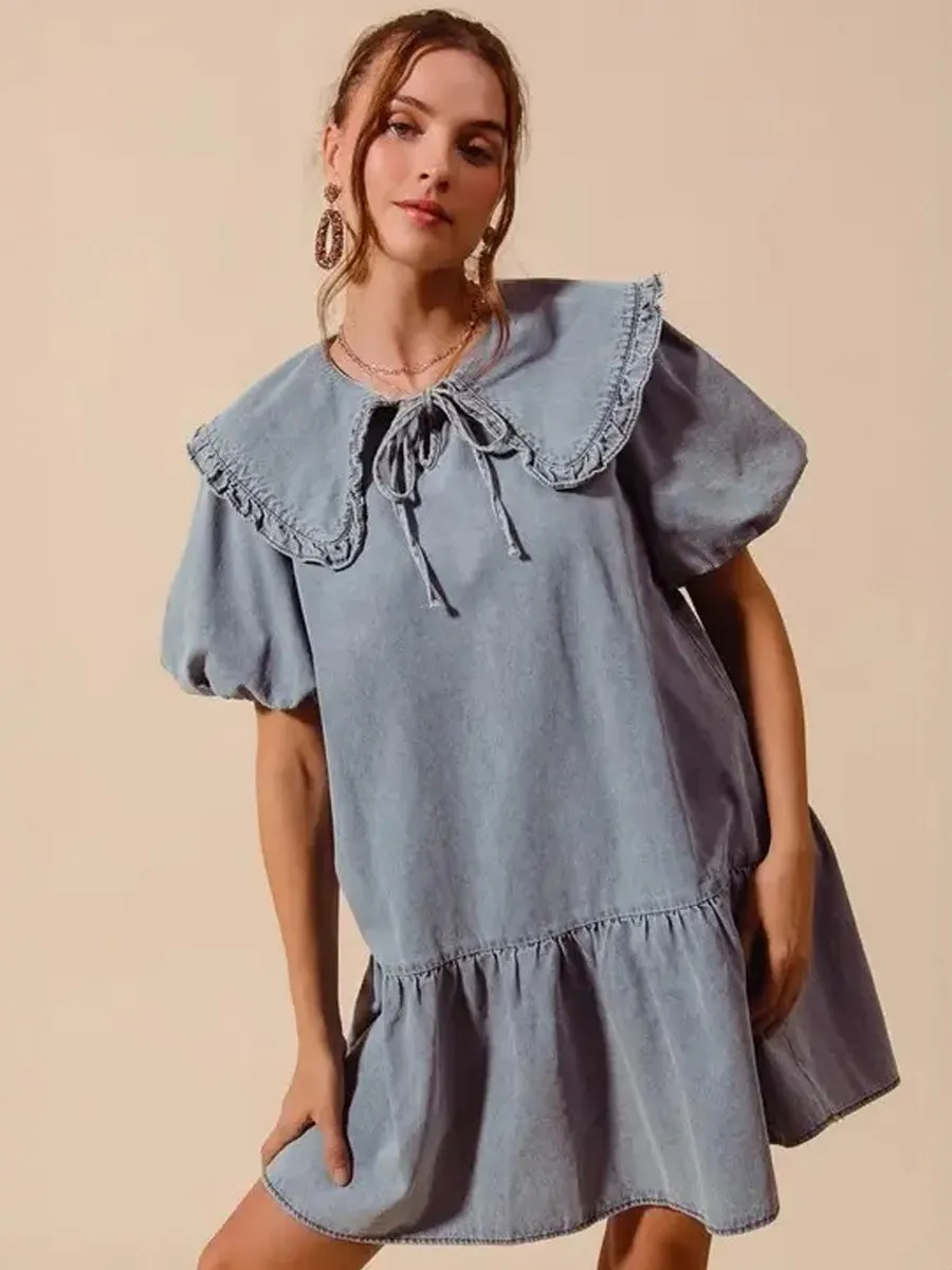 WASHED PETER PAN COLLAR DENIM DRESS sold by OAK