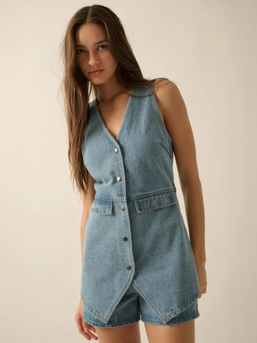 DENIM VEST SLEEVELESS ROMPER sold by OAK