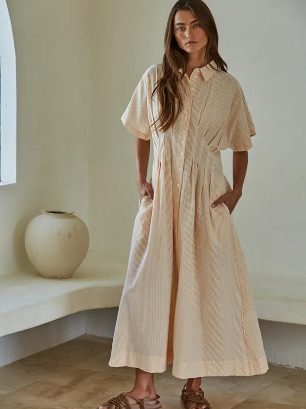 BUTTON FRONT PLEATED DRESS - CREAM/ORANGE STRIPE sold by OAK