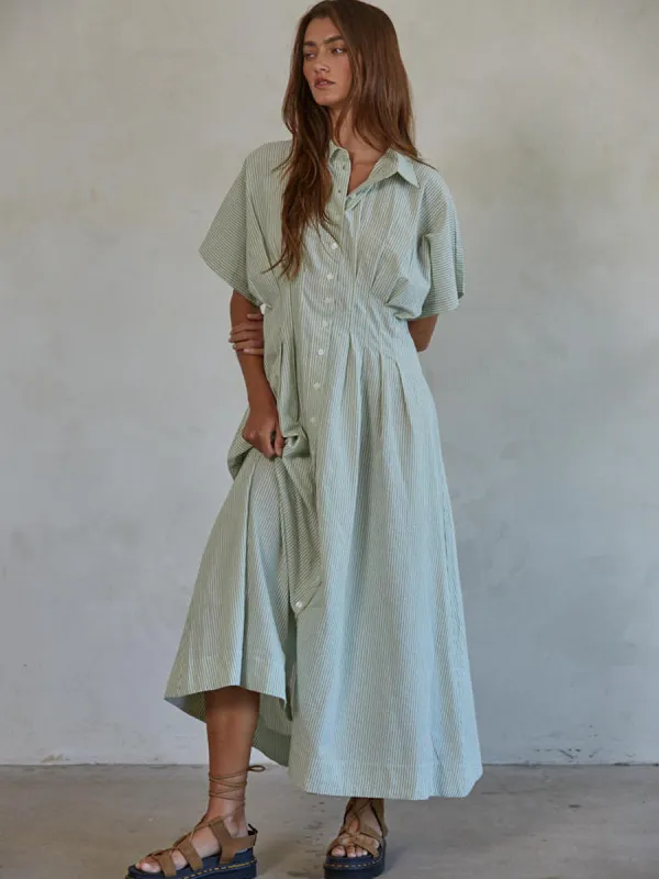 BUTTON FRONT PLEATED DRESS - CREAM/OLIVE STRIPE sold by OAK