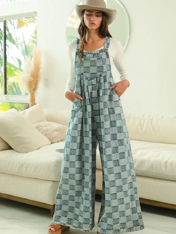 VINTAGE CHECKER WIDE LEG DENIM OVERALLS sold by OAK