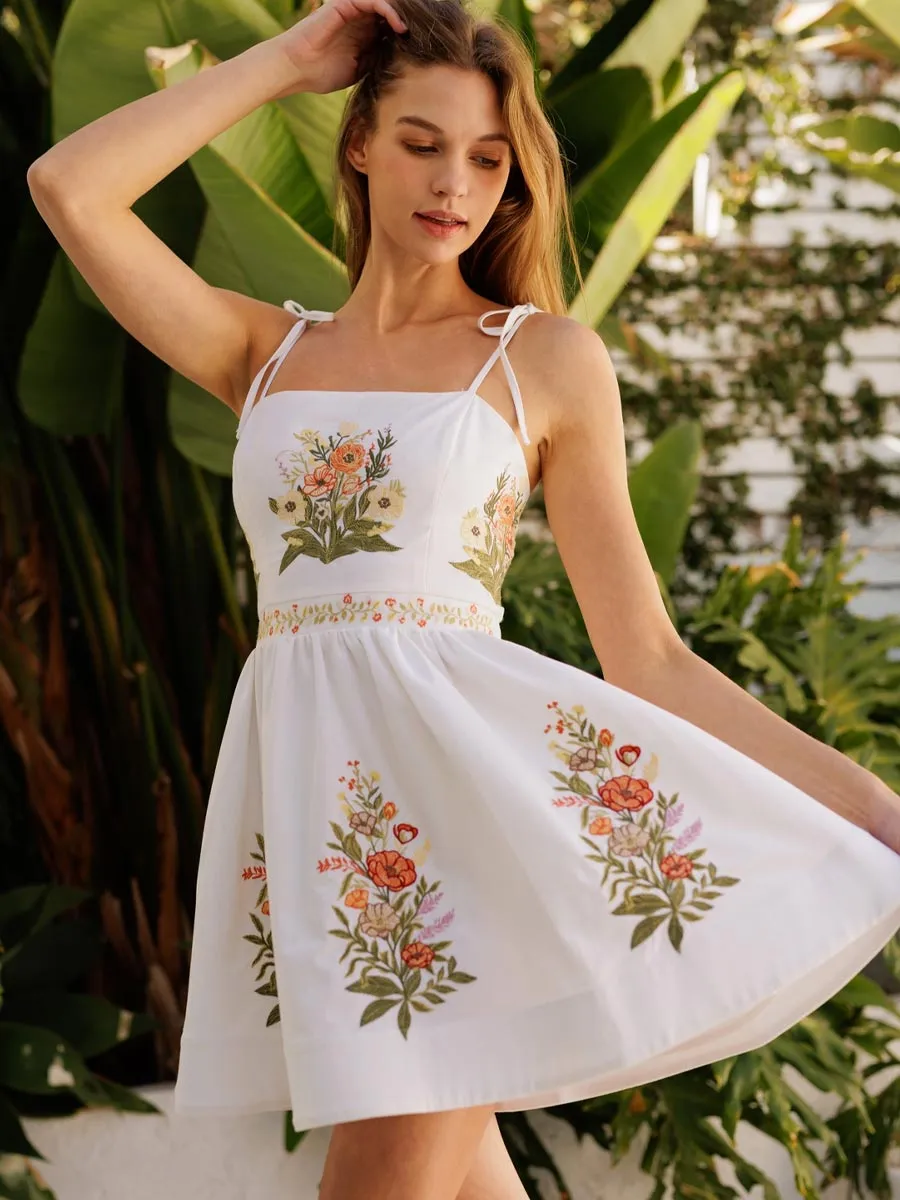 FLORAL EMBROIDERED TIE STRAP MINI DRESS - WHITE sold by OAK product image thumbnail 5
