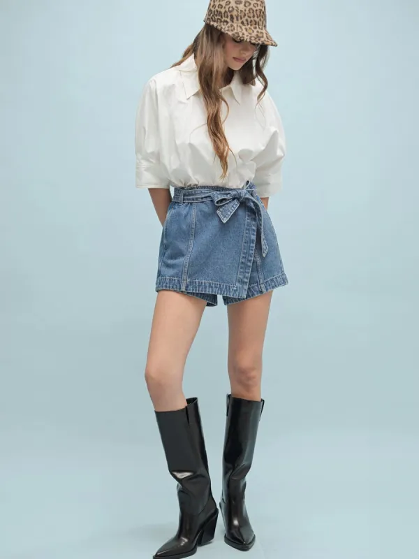 BELTED DENIM WRAP SKORT sold by OAK