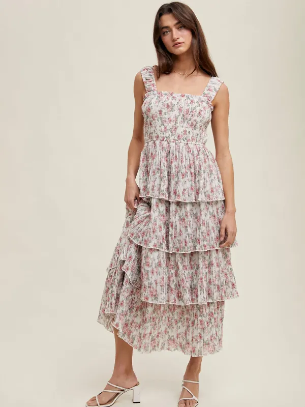 FLORAL TIERED LAYER MIDI DRESS sold by OAK