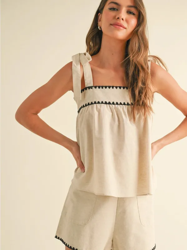 LINEN TAPE DETAIL TIE TOP sold by OAK