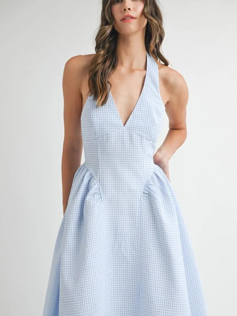 GINGHAM HALTER NECK MIDI DRESS - BLUE sold by OAK product image thumbnail 4